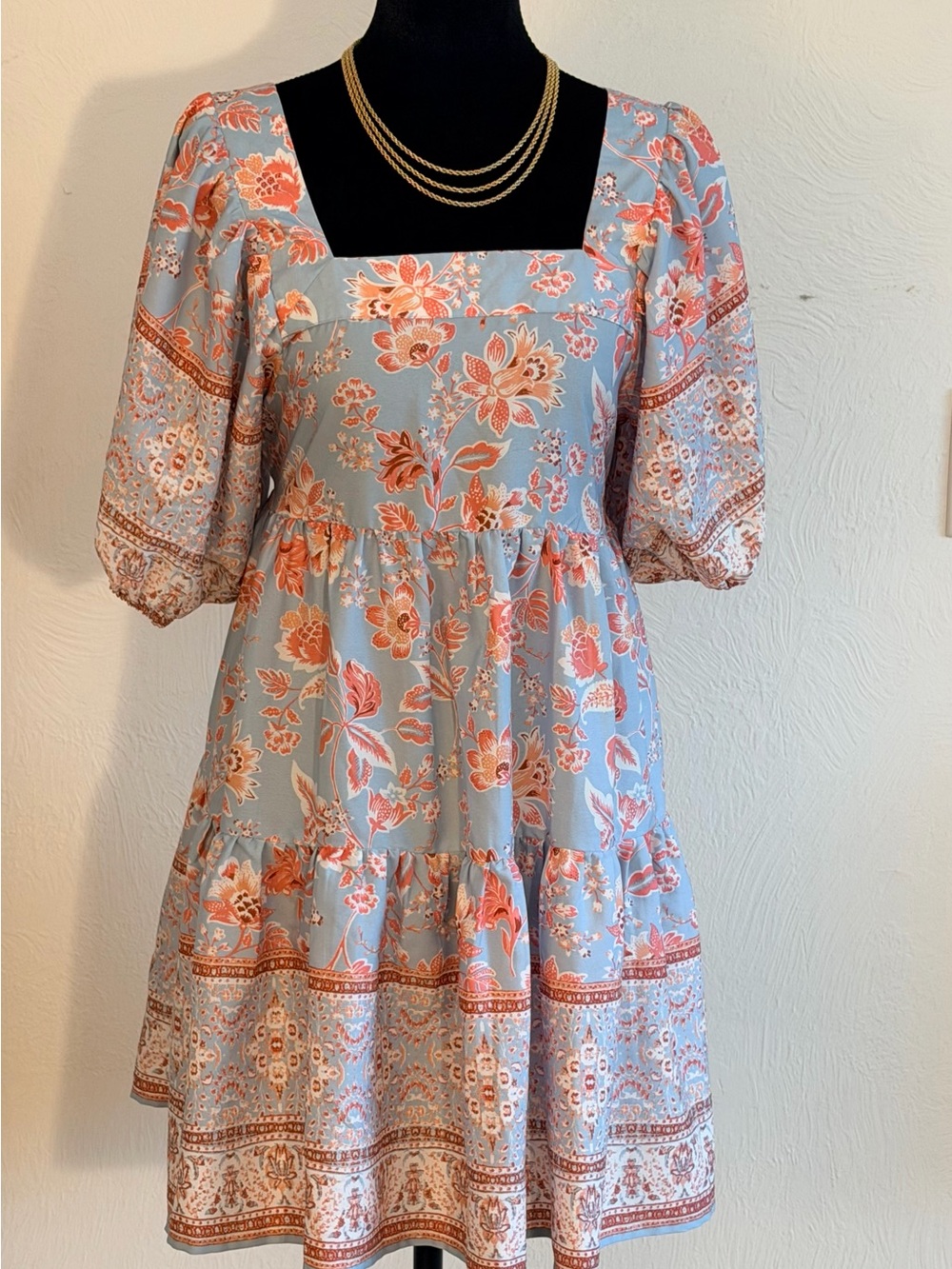 Square-Neck Floral Midi Dress in Light Blue and Coral